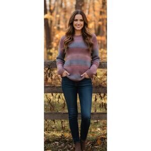 J. Jill Women Medium Petite Pink/ Blue/ Gray Striped Knit Wool Blend Ski Sweater